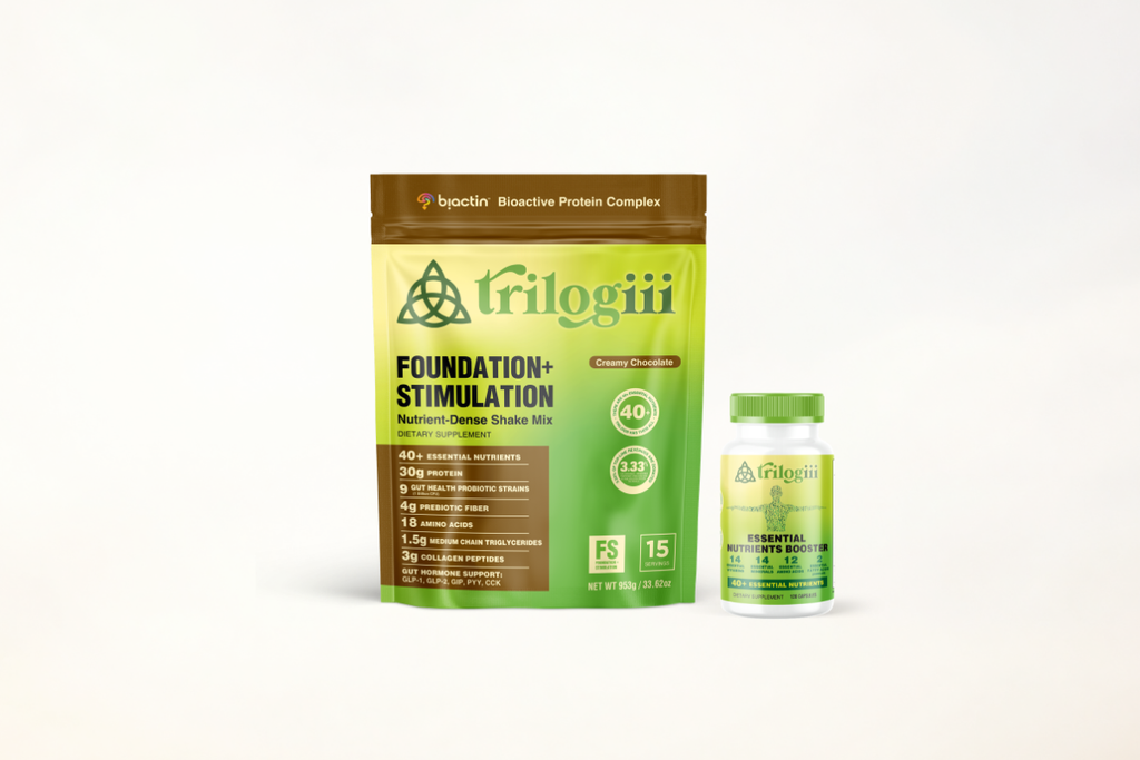 Trilogiii Maintenance: Foundation + Stimulation shake in Creamy Chocolate with Essential Nutrients Booster capsules